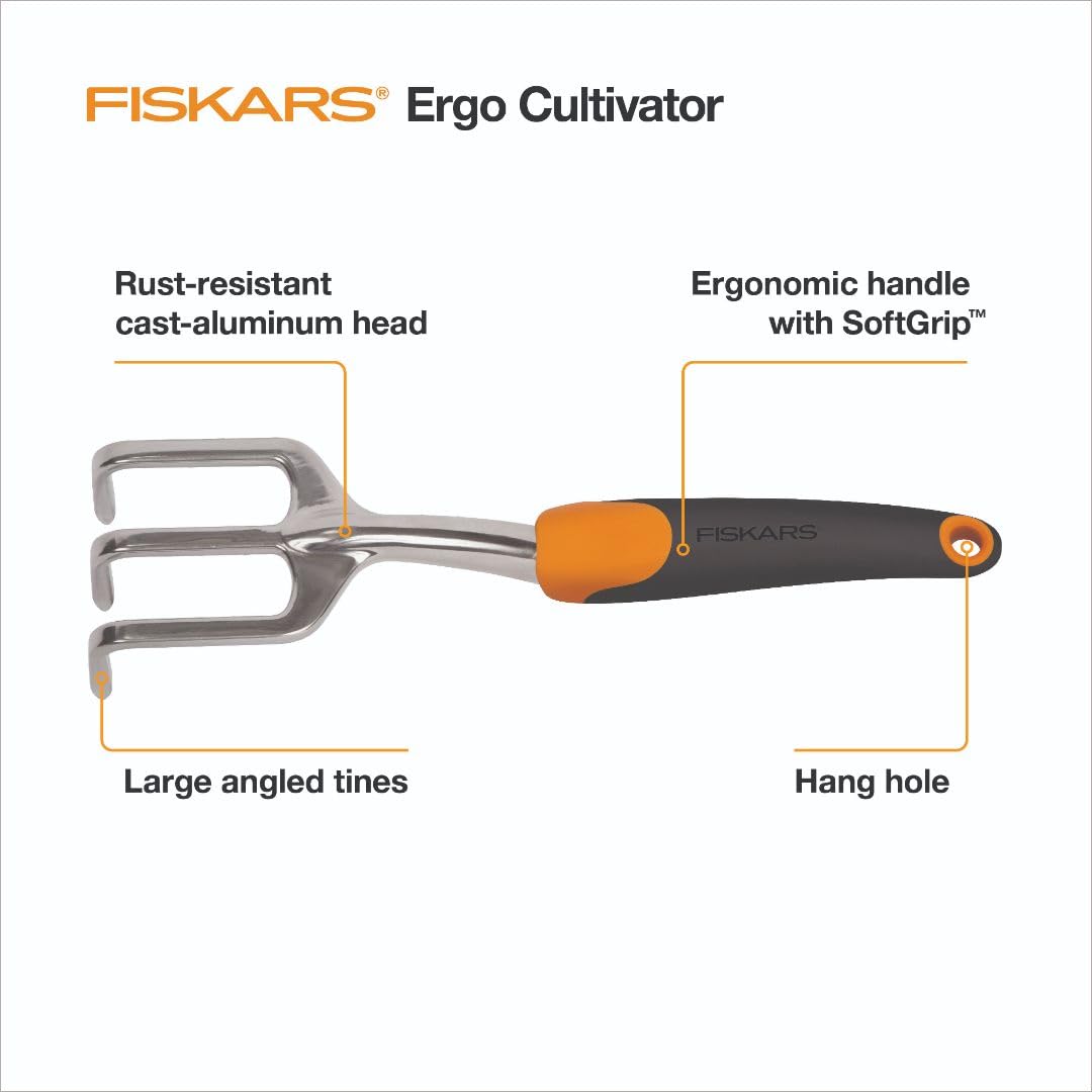 Close-up of Fiskars Ergo Cultivator tines for digging