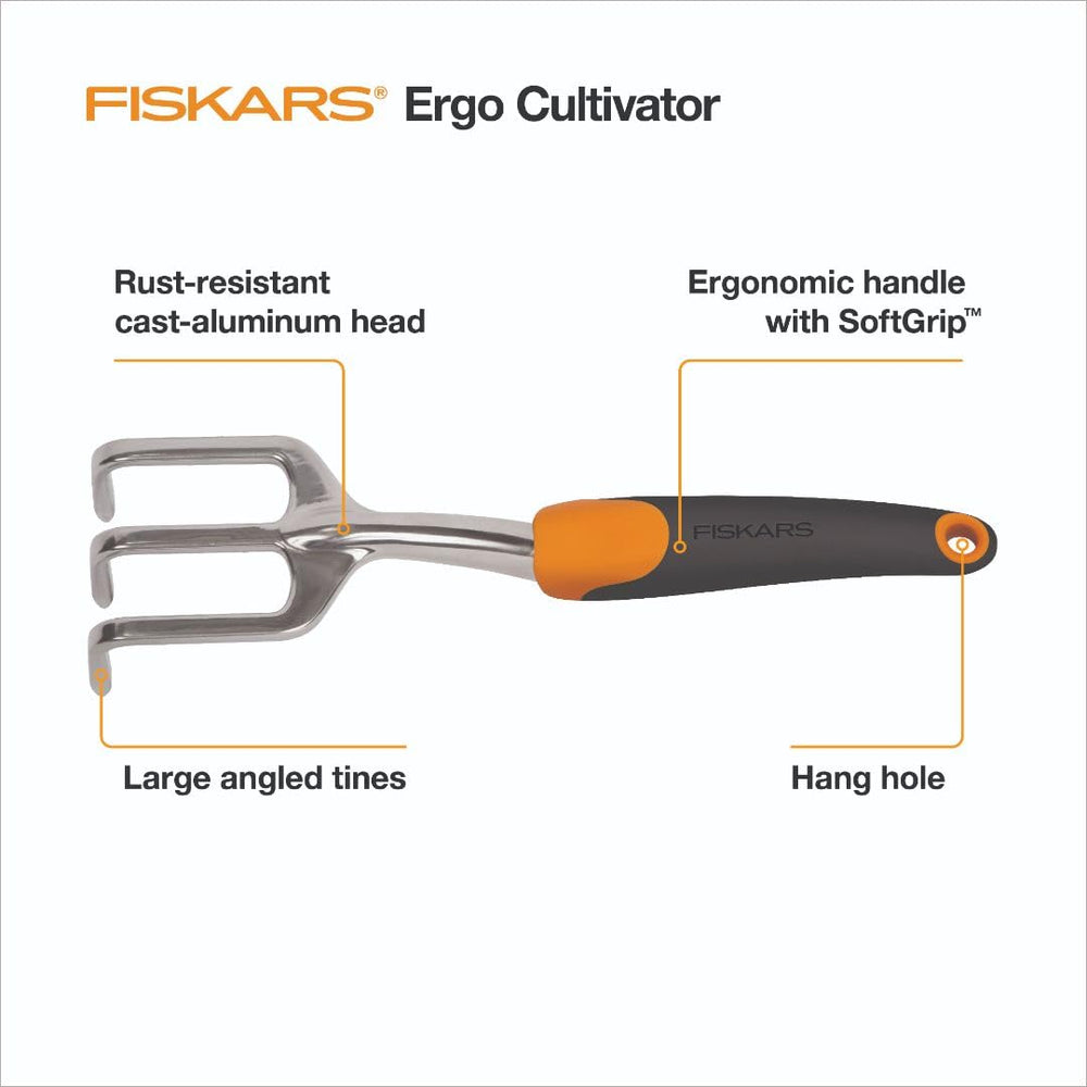 Close-up of Fiskars Ergo Cultivator tines for digging
