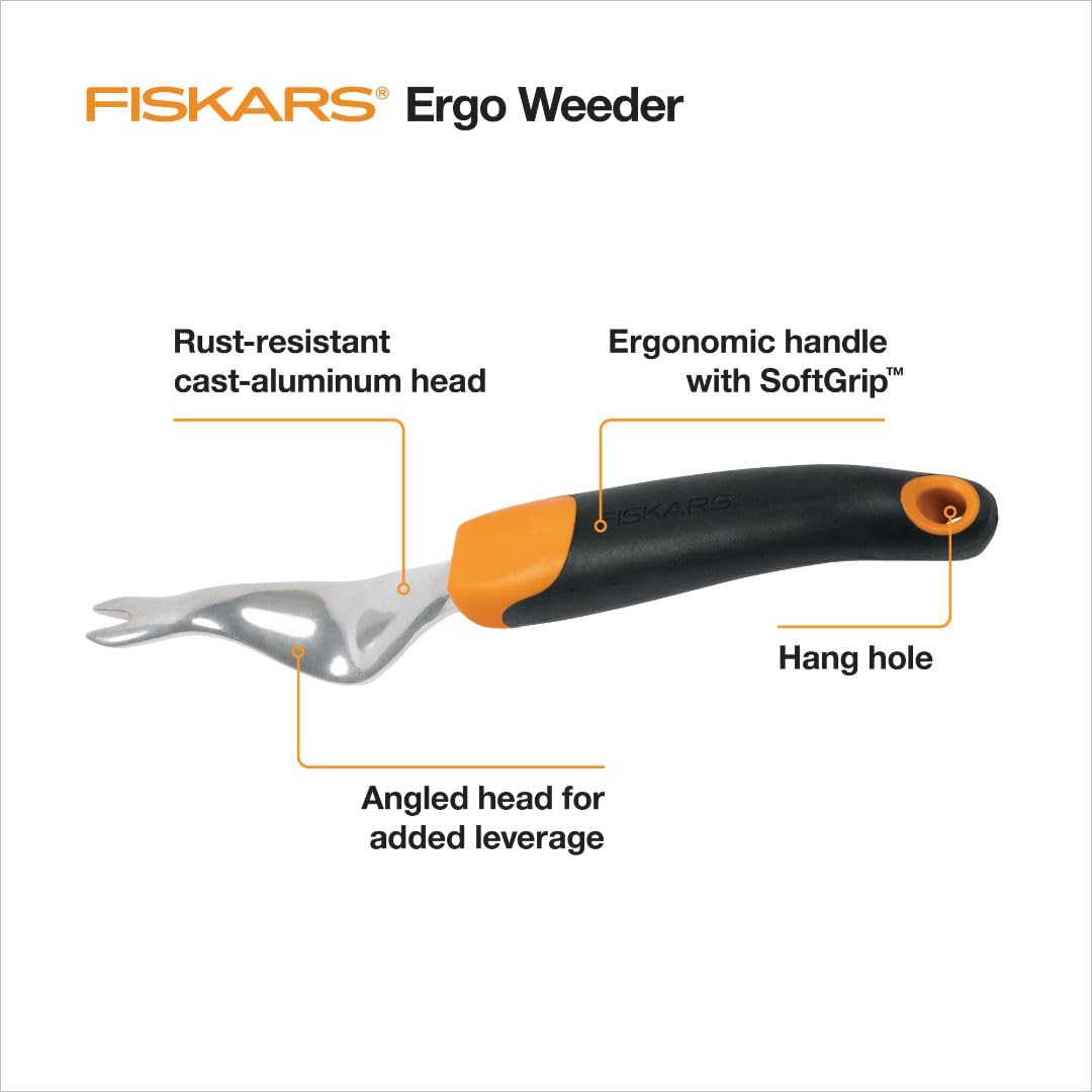 Close-up of Fiskars Ergo Weeder's SoftGrip ergonomic handle