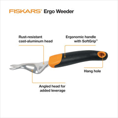 Close-up of Fiskars Ergo Weeder's SoftGrip ergonomic handle