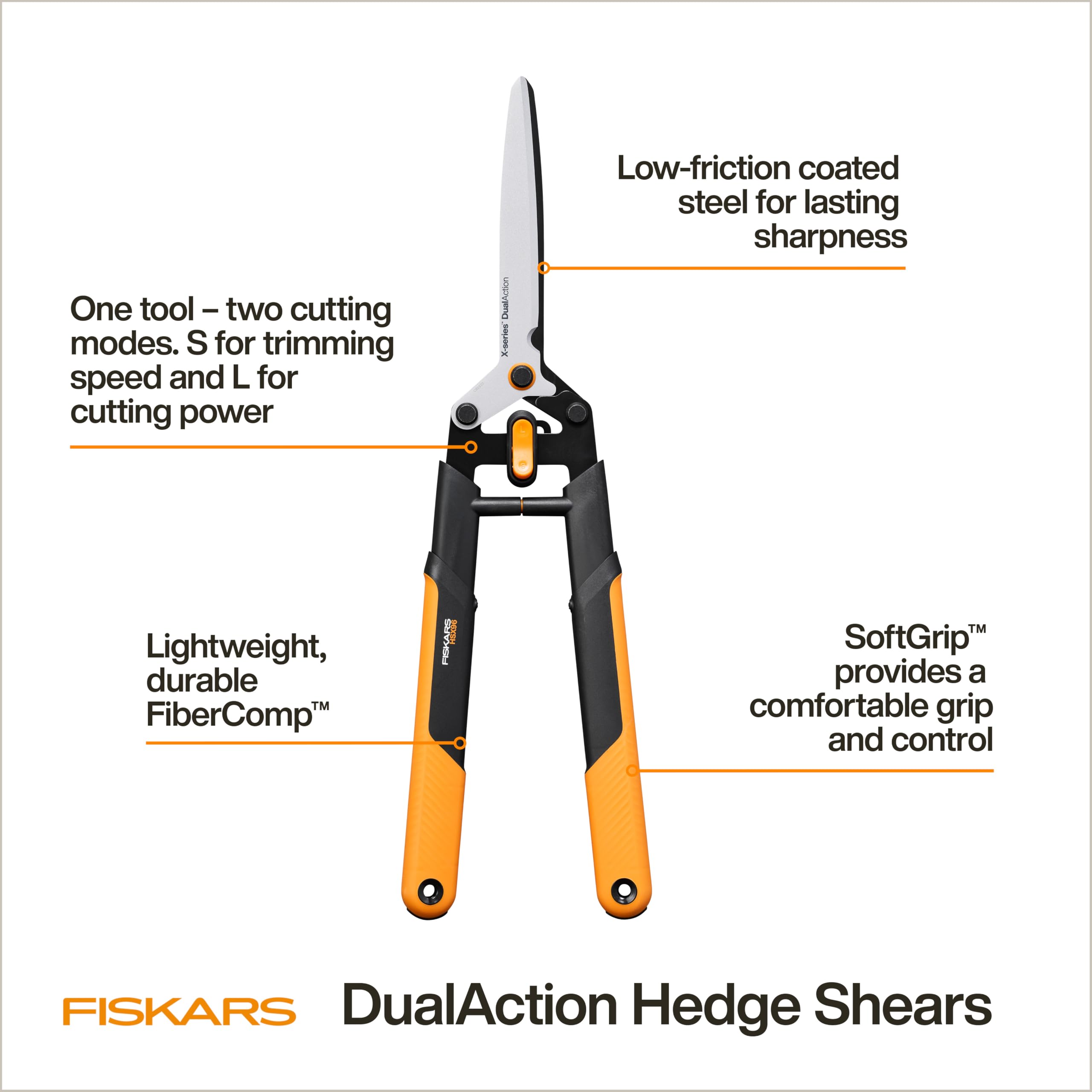 Close-up of Fiskars hedge shears precision-ground stainless steel blades