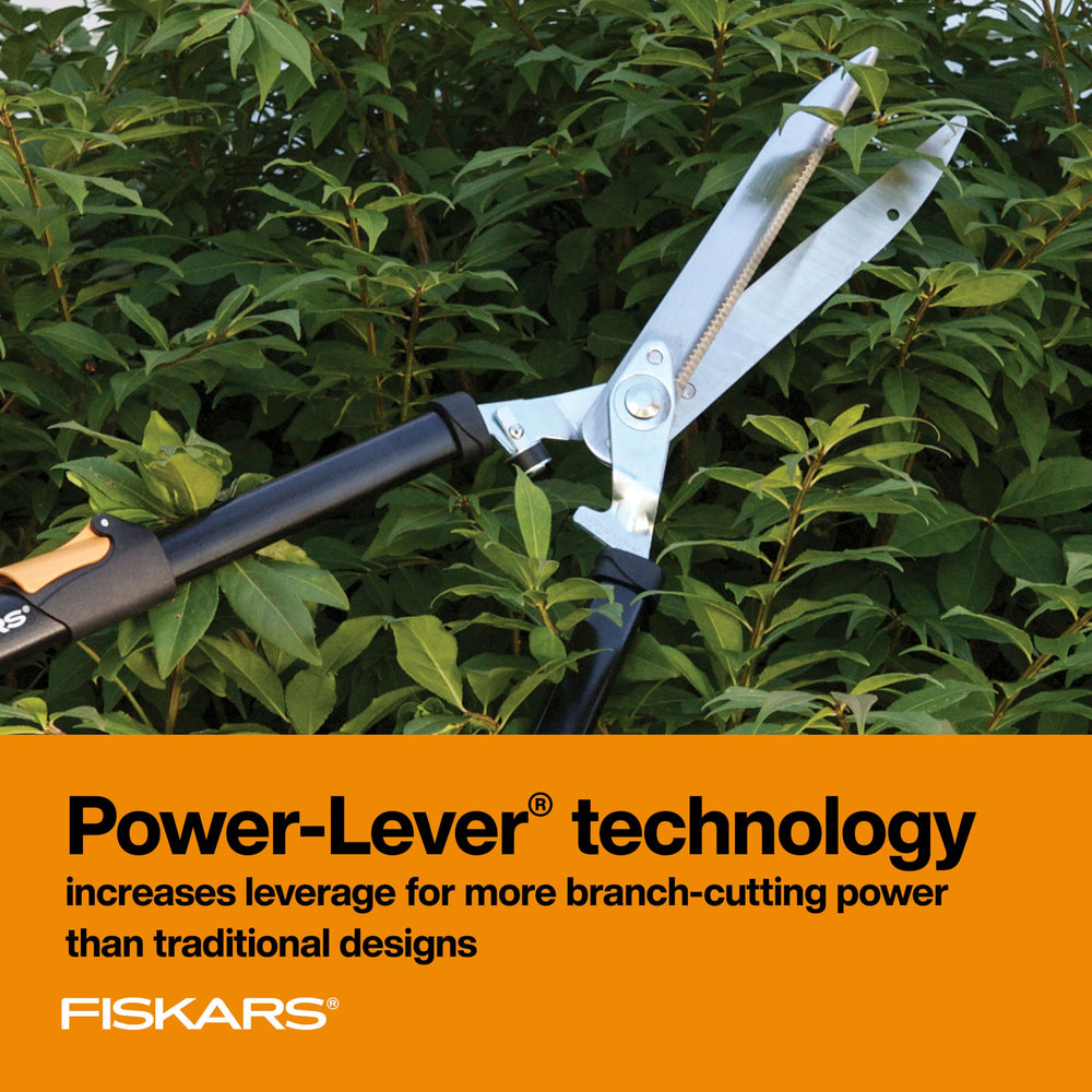 Close-up of Fiskars hedge shears serrated blade