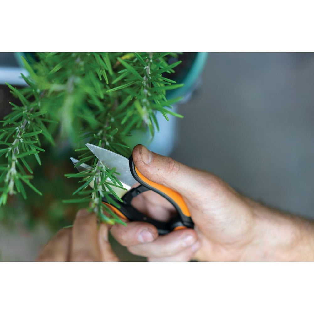 Close-up of Fiskars Herb Snips stainless steel blades
