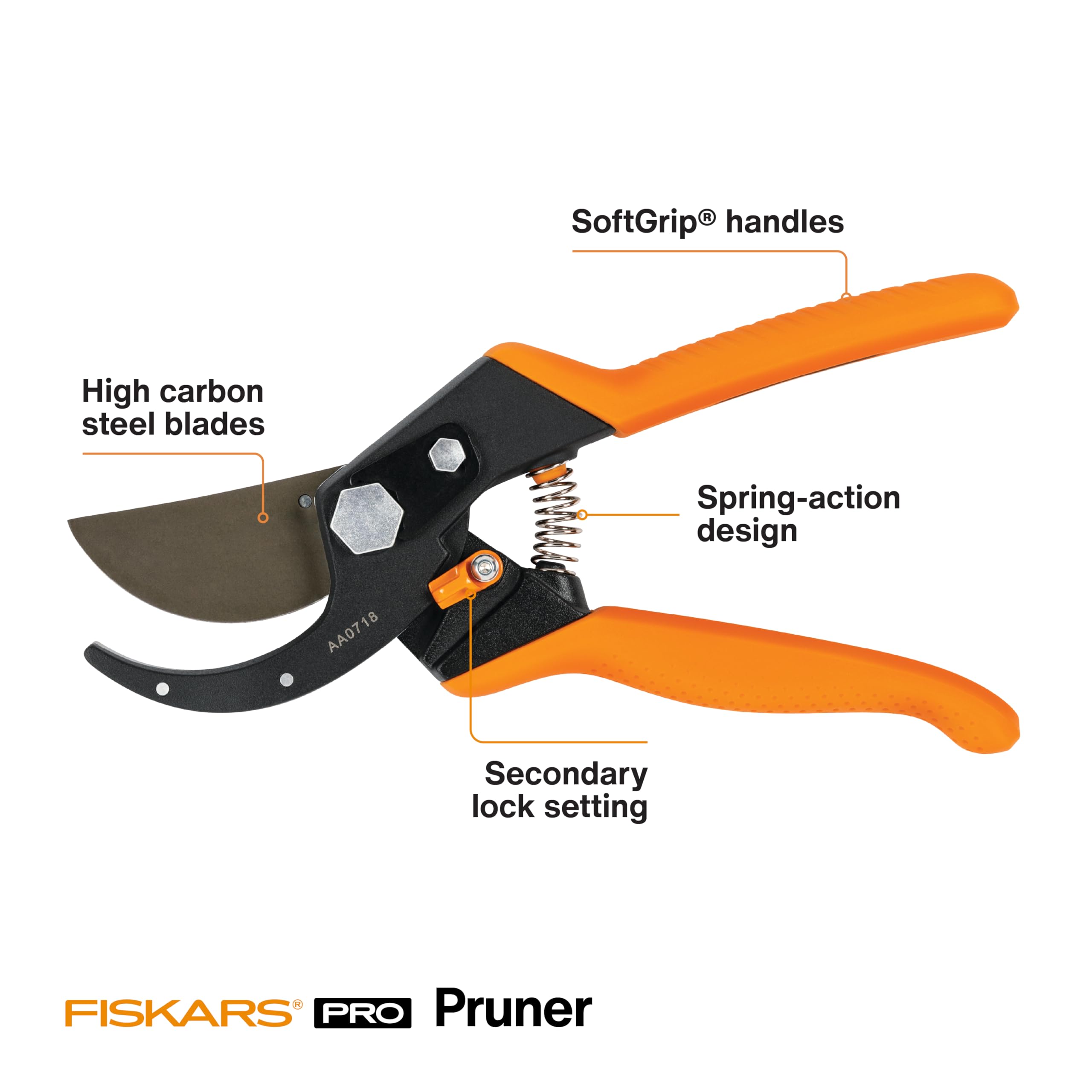 Close-up of Fiskars Pro pruning shears high carbon steel blades