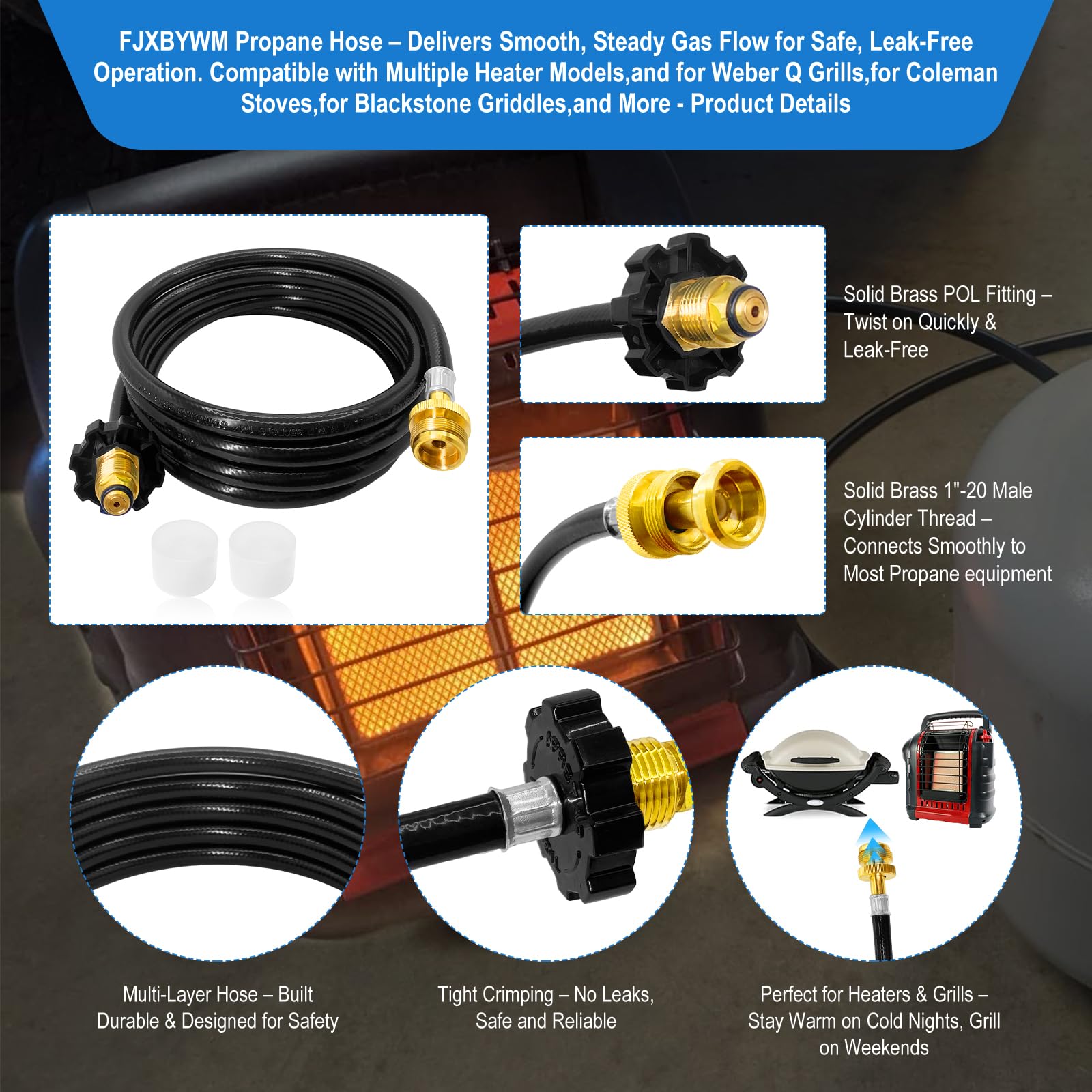 Close-up of FJXBYWM propane hose solid-brass fittings