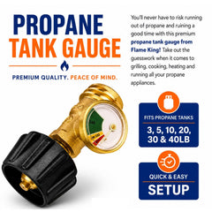 Close-up of Flame King Propane Gauge showing brass construction