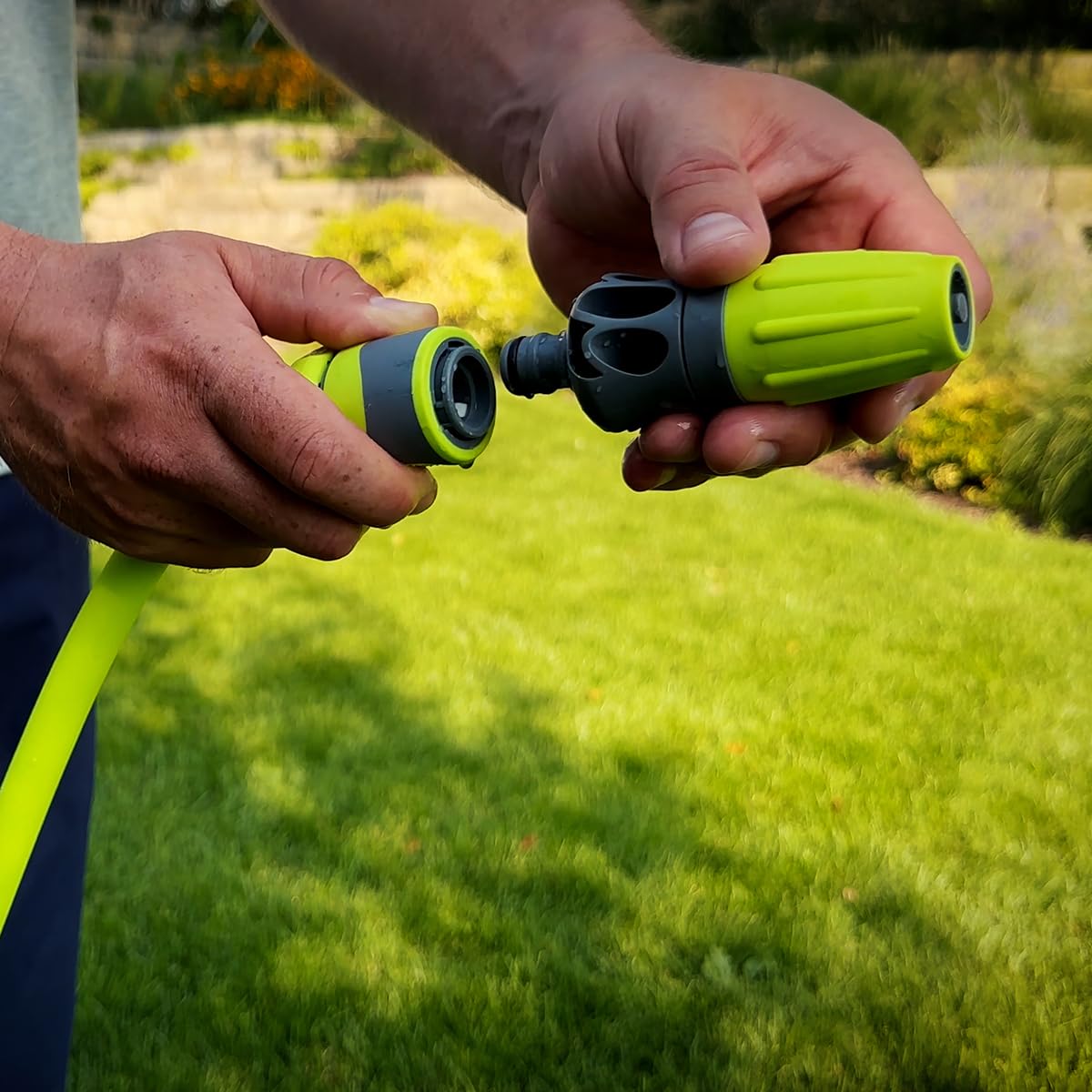 Close-up of Flexzilla Garden Hose nozzle and flow-stop coupler
