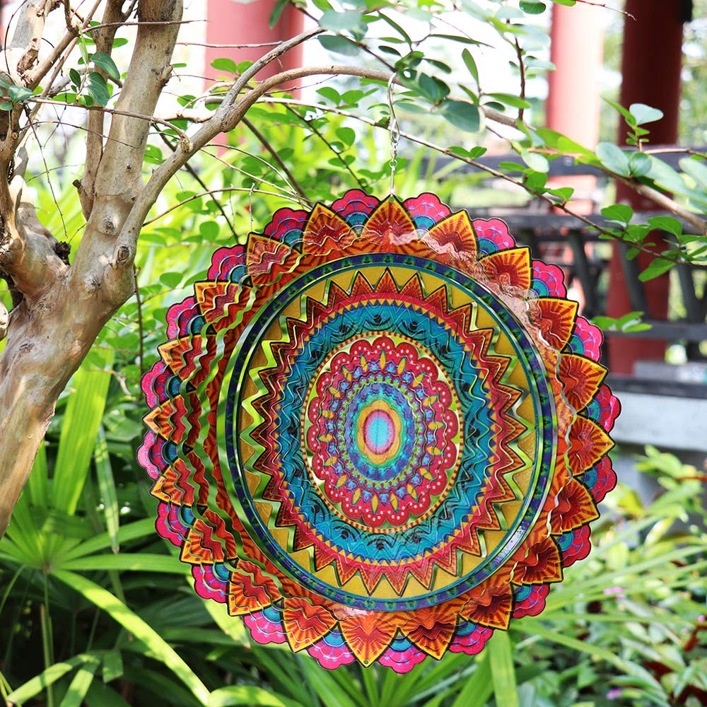 Close-up of FONMY wind spinner's intricate stainless steel design