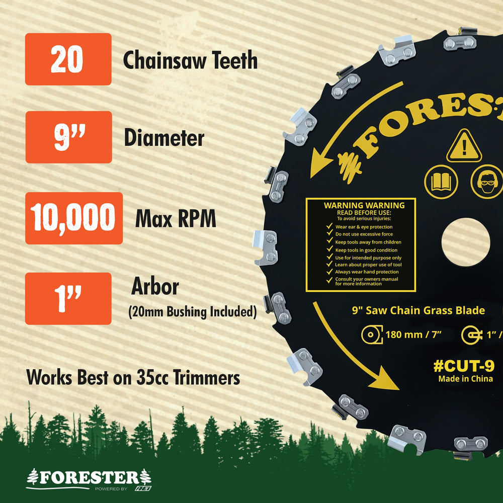 Close-up of FORESTER 20 teeth on the brush cutter blade