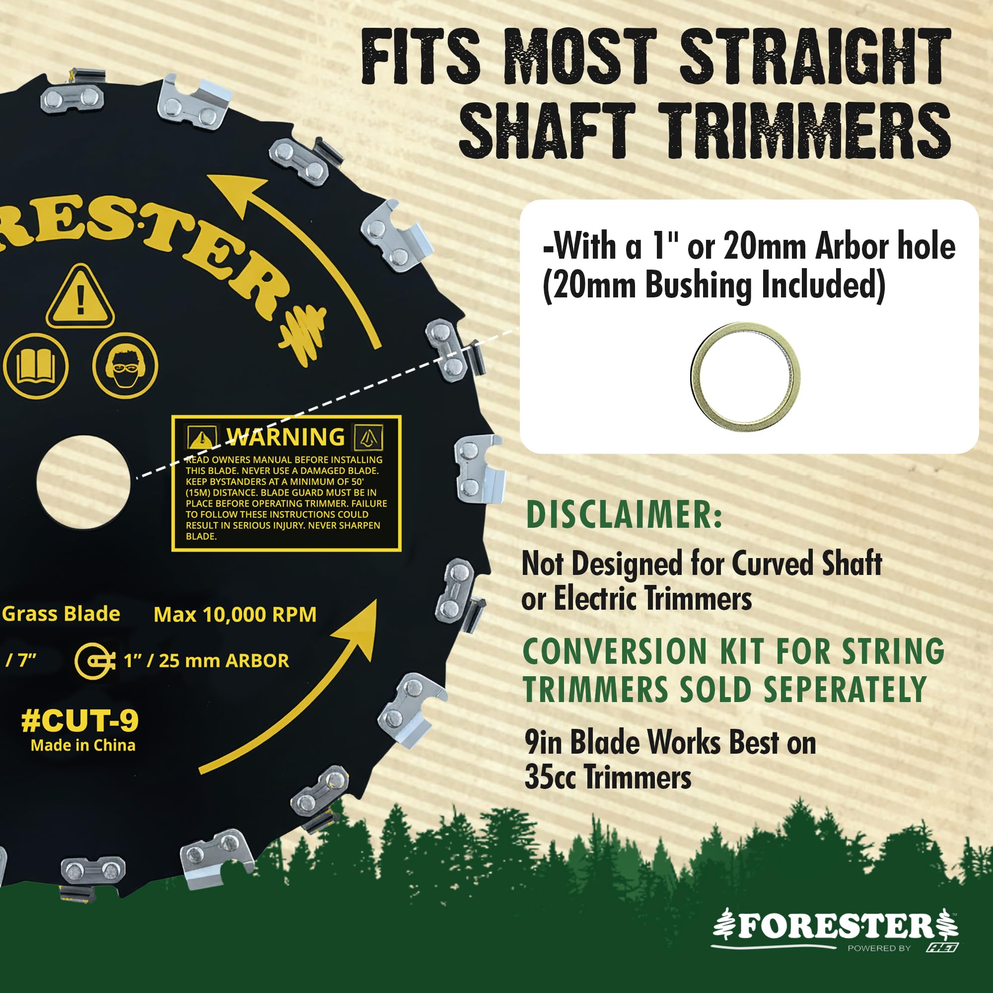 Close-up of FORESTER chainsaw blade showing 20 teeth