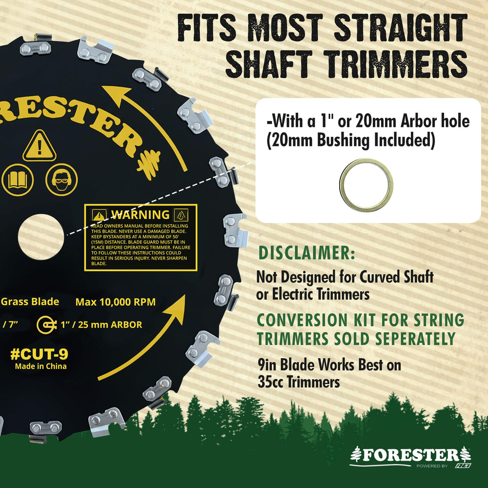 Close-up of FORESTER chainsaw blade showing 20 teeth