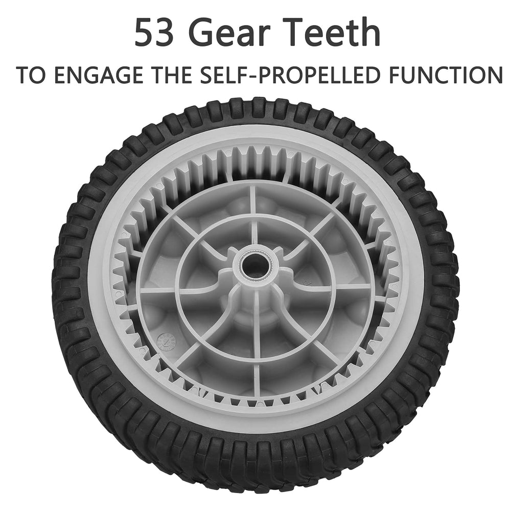 Close-up of Fourtry lawn mower drive wheel tread