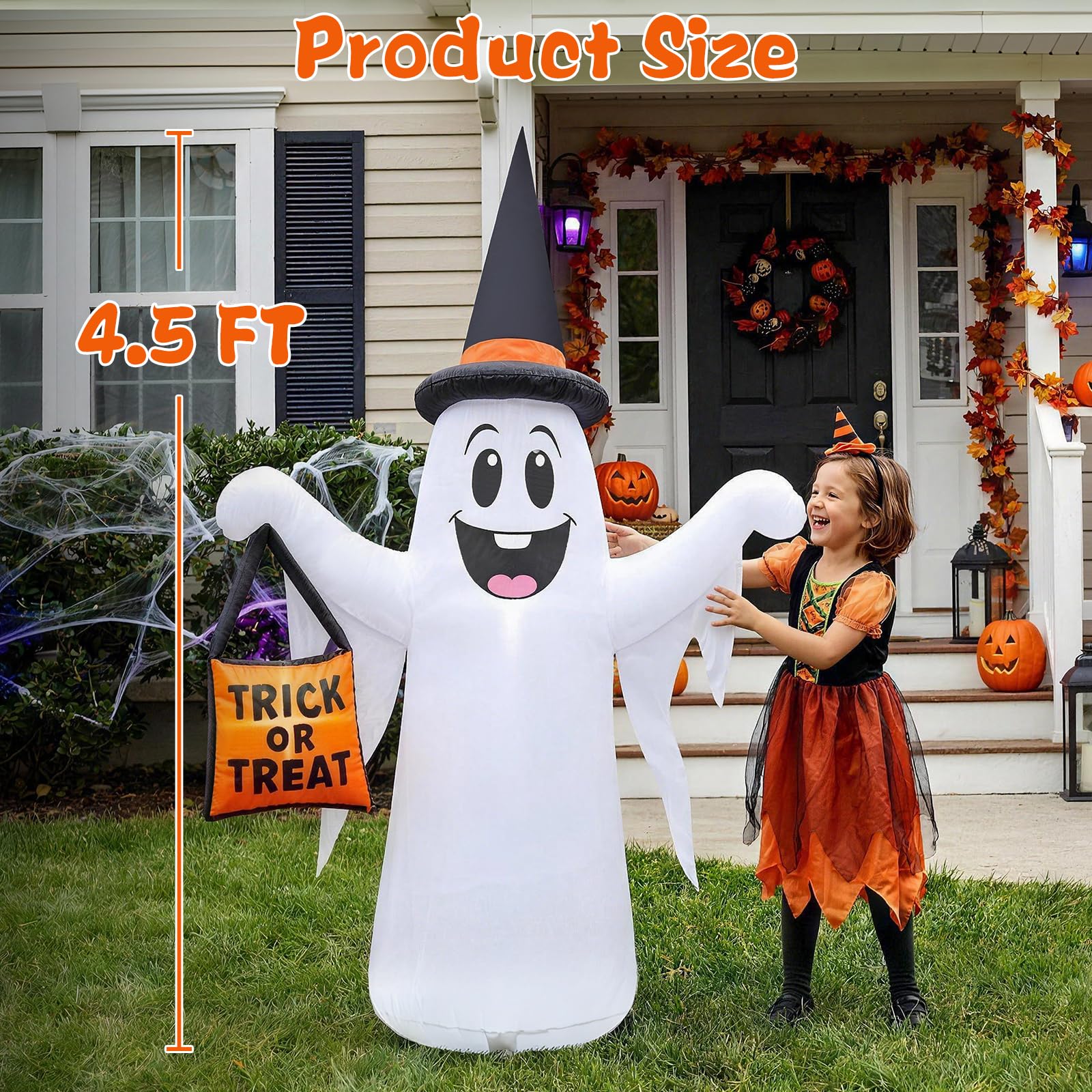 Close-up of FunFanso inflatable ghost holding a bag of pumpkins