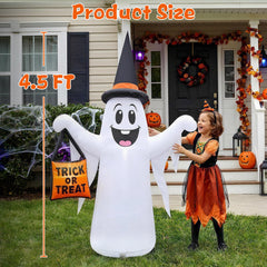 Close-up of FunFanso inflatable ghost holding a bag of pumpkins