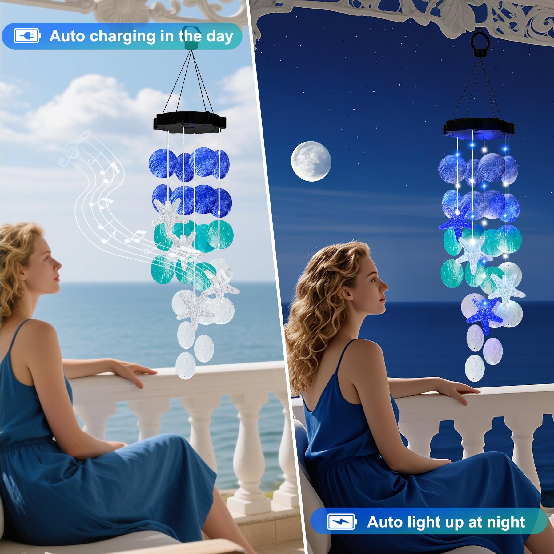 Close-up of FUNIAO Solar Wind Chime showing natural shells