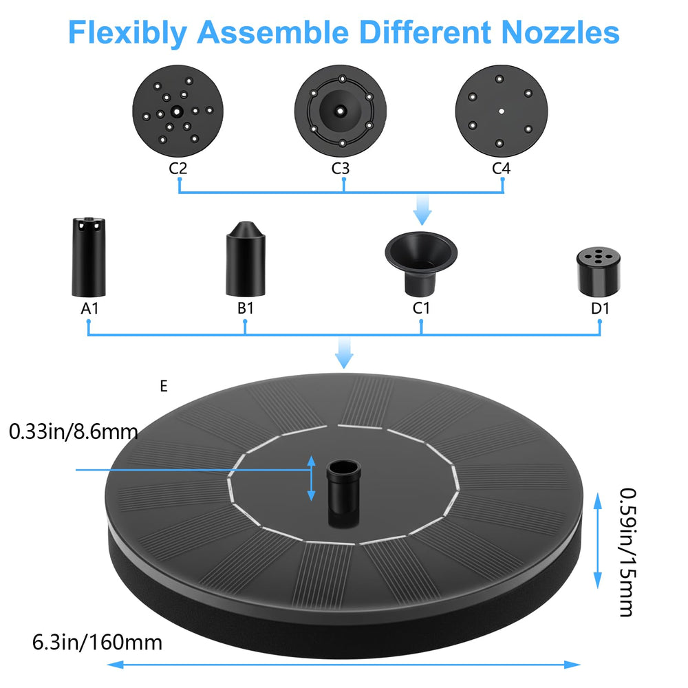 Close-up of FYDGTPI solar fountain nozzle options