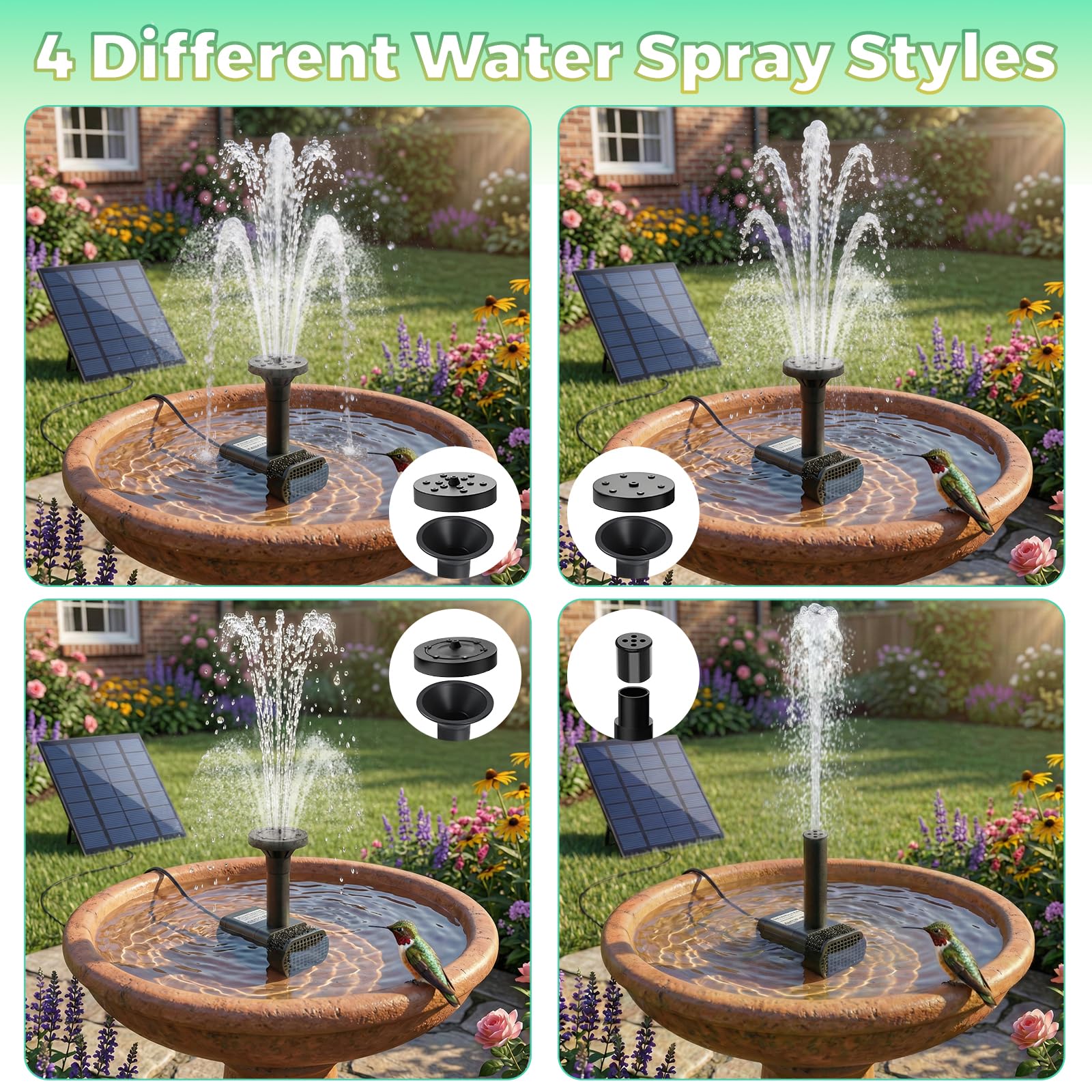 Close-up of FYDGTPI Solar Fountain's nozzle options