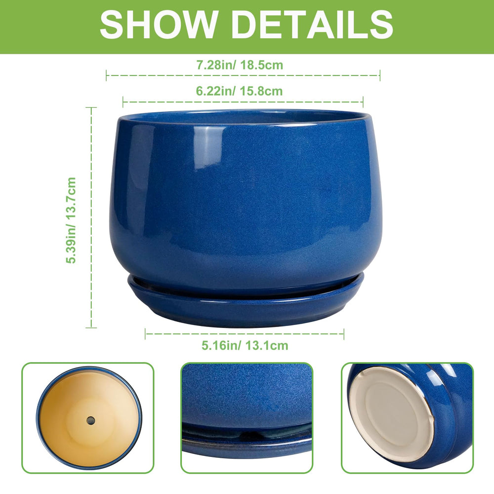 Close-up of G EPGardening Blue Ceramic Planter's smooth glazed finish
