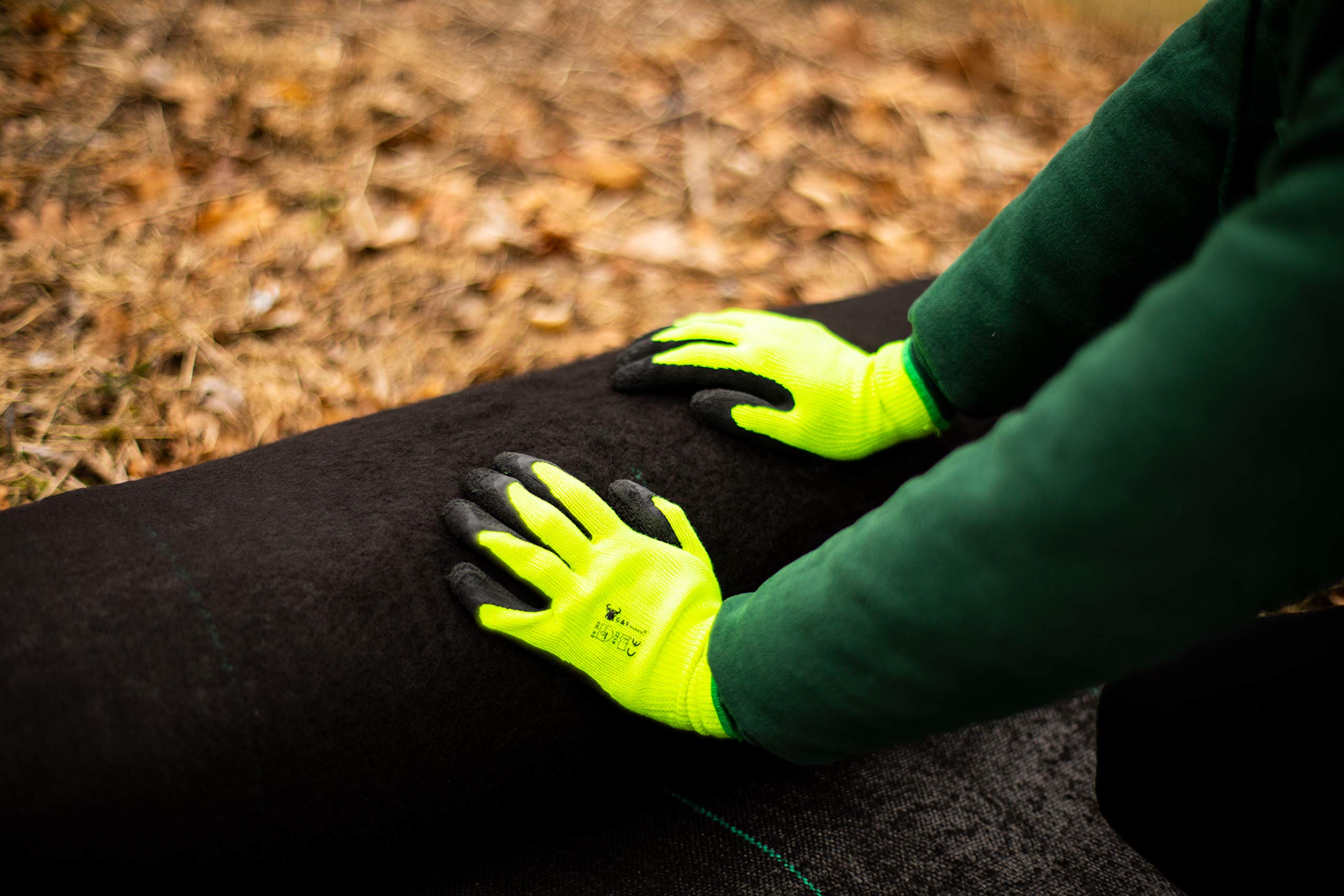 Close-up of G & F Products Gardening Gloves on hands