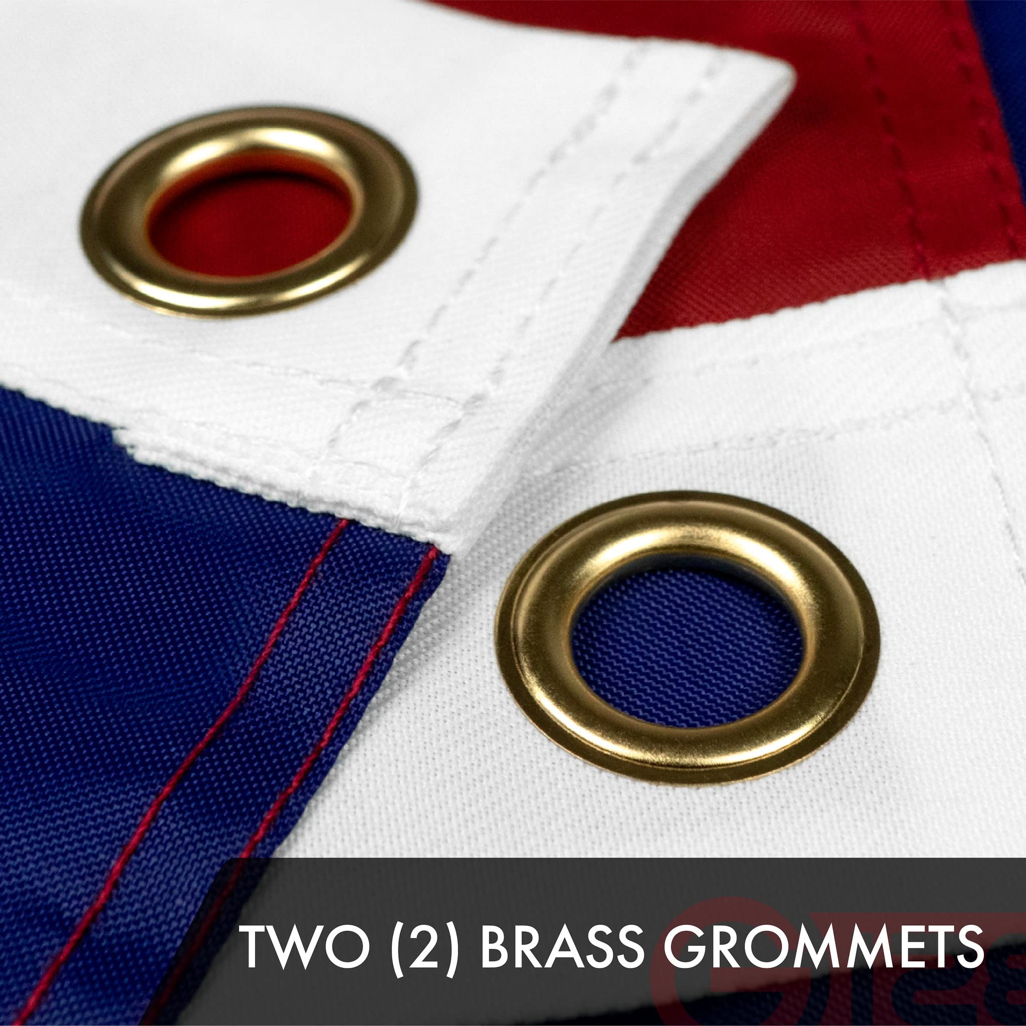 Close-up of G128 USA Flag grommet and stitched edges