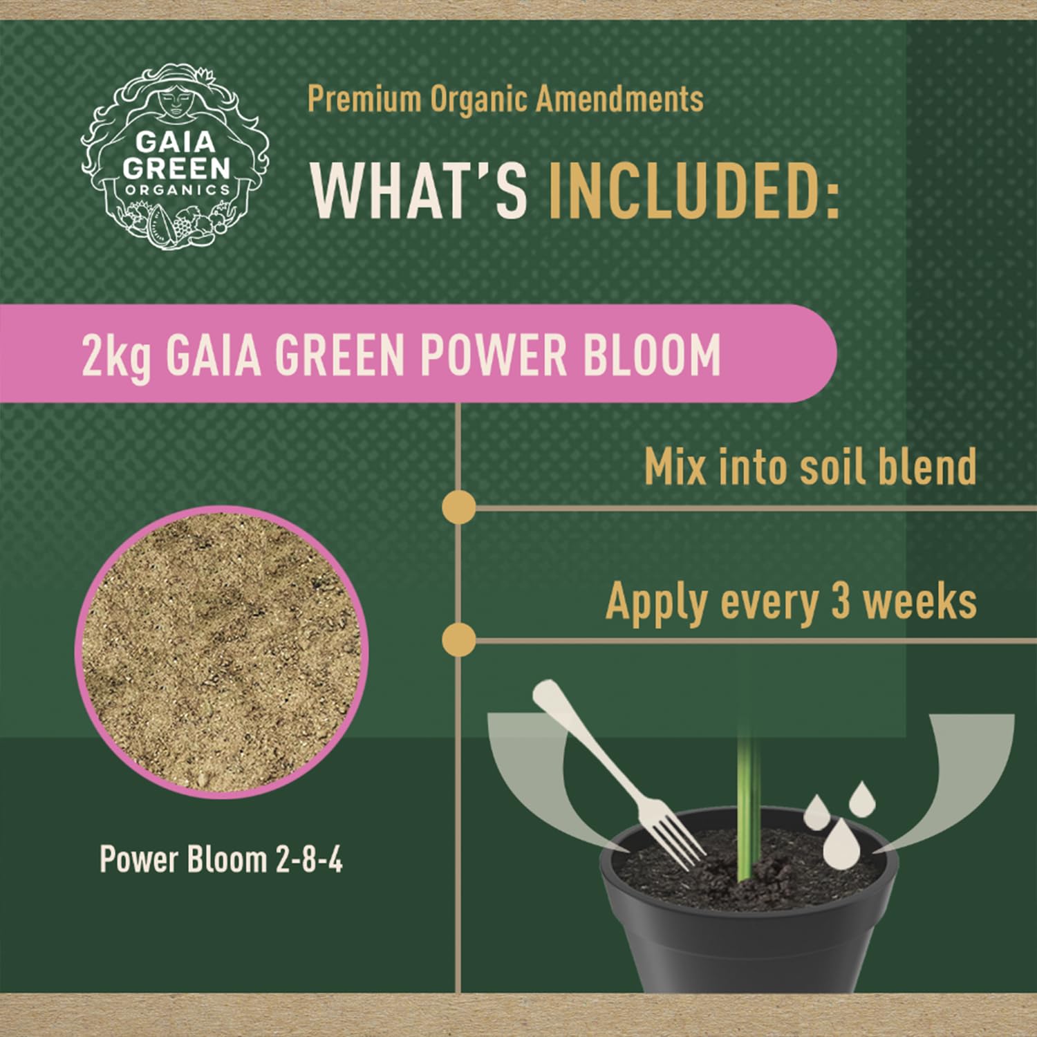 Close-up of Gaia Green Power Bloom Organic Fertilizer powder texture