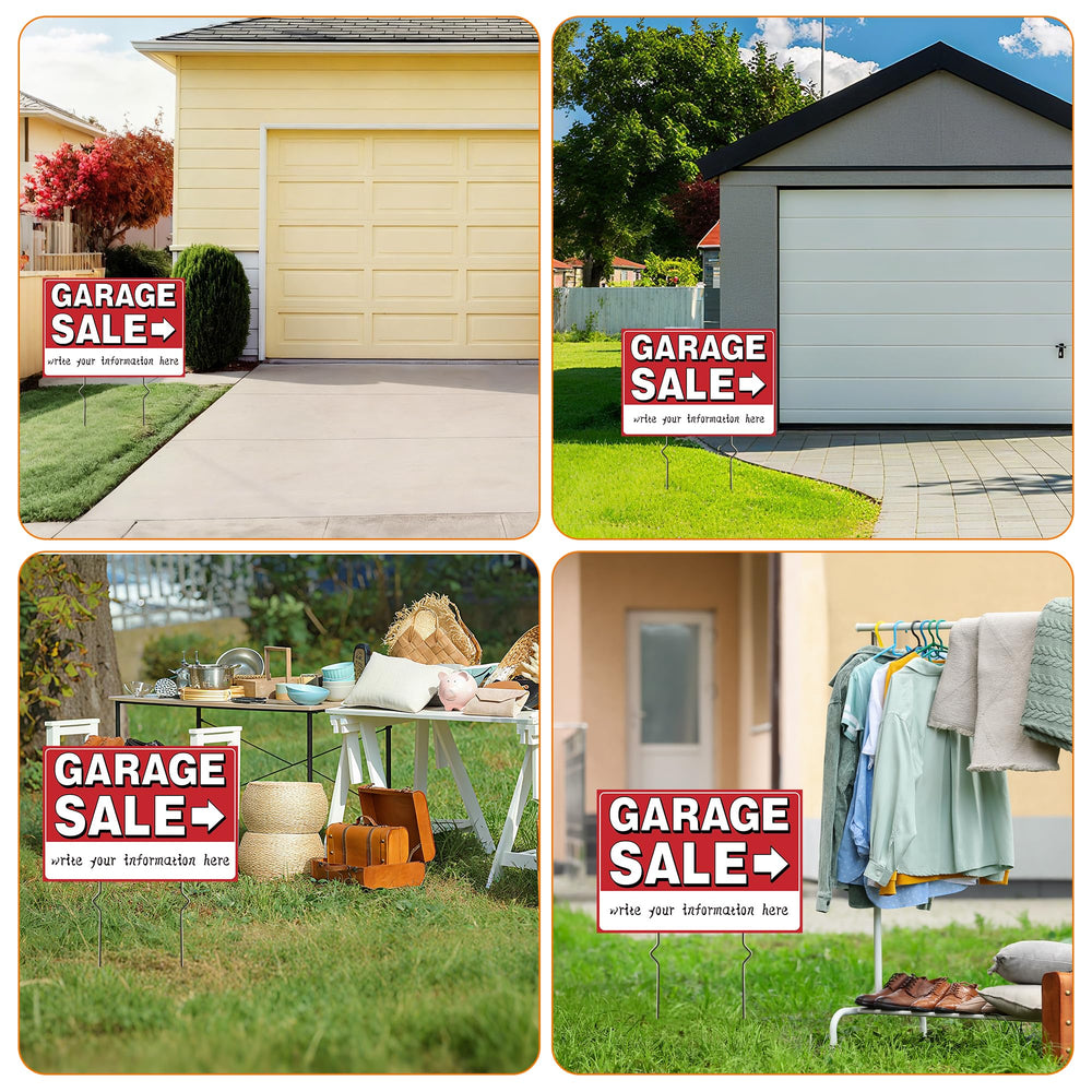 Close-up of garage sale sign with reflective printing