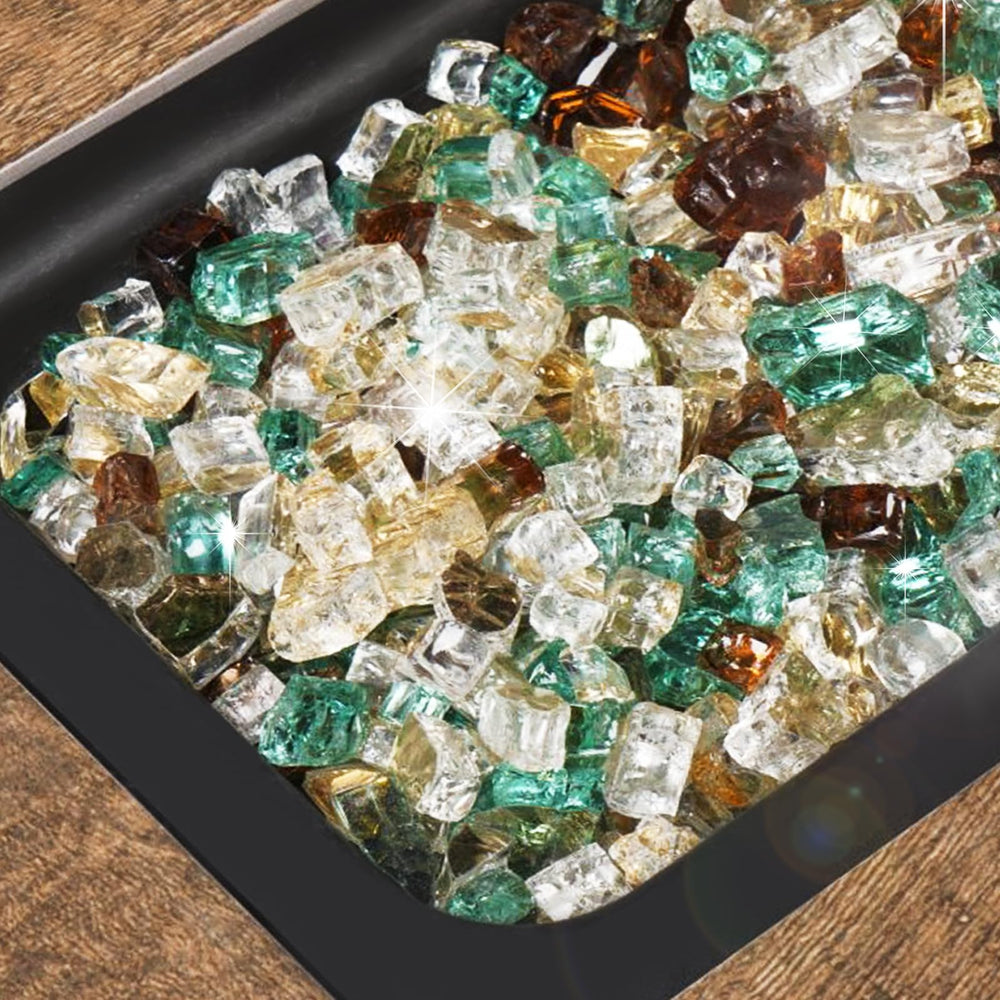 Close-up of GASPRO fire glass reflecting flames