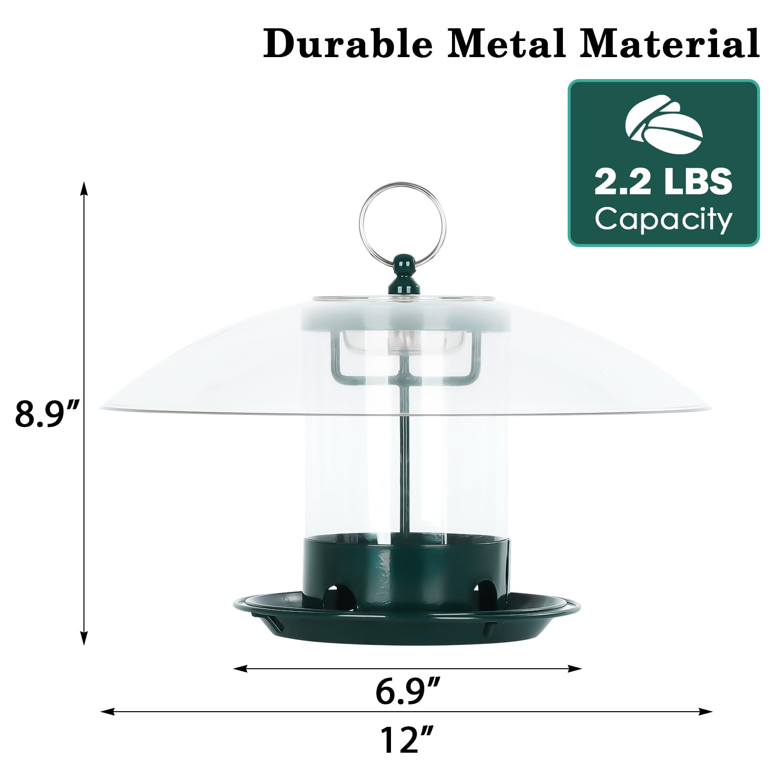 Close-up of Gbekery bird feeder's metal tray and feeding ports