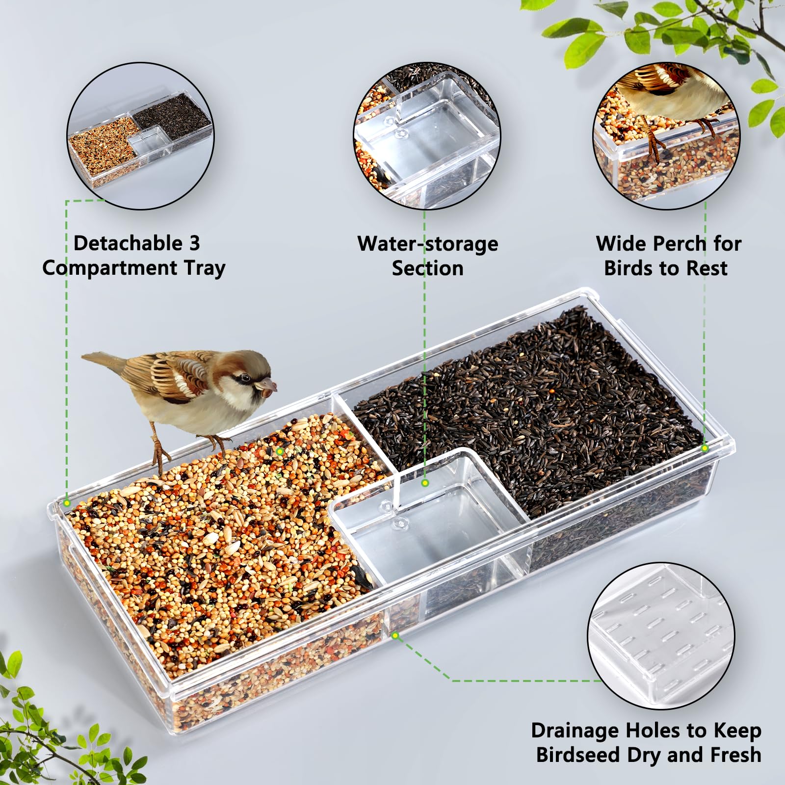 Close-up of Gbekery Window Bird Feeder's detachable tray