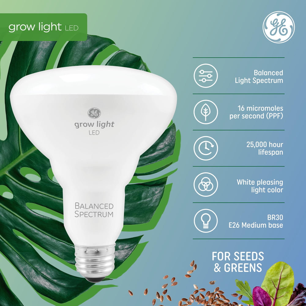 Close-up of GE BR30 grow light bulb showing white light