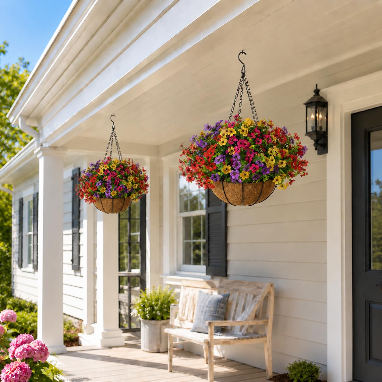 Close-up of Geegoods artificial flowers in hanging basket