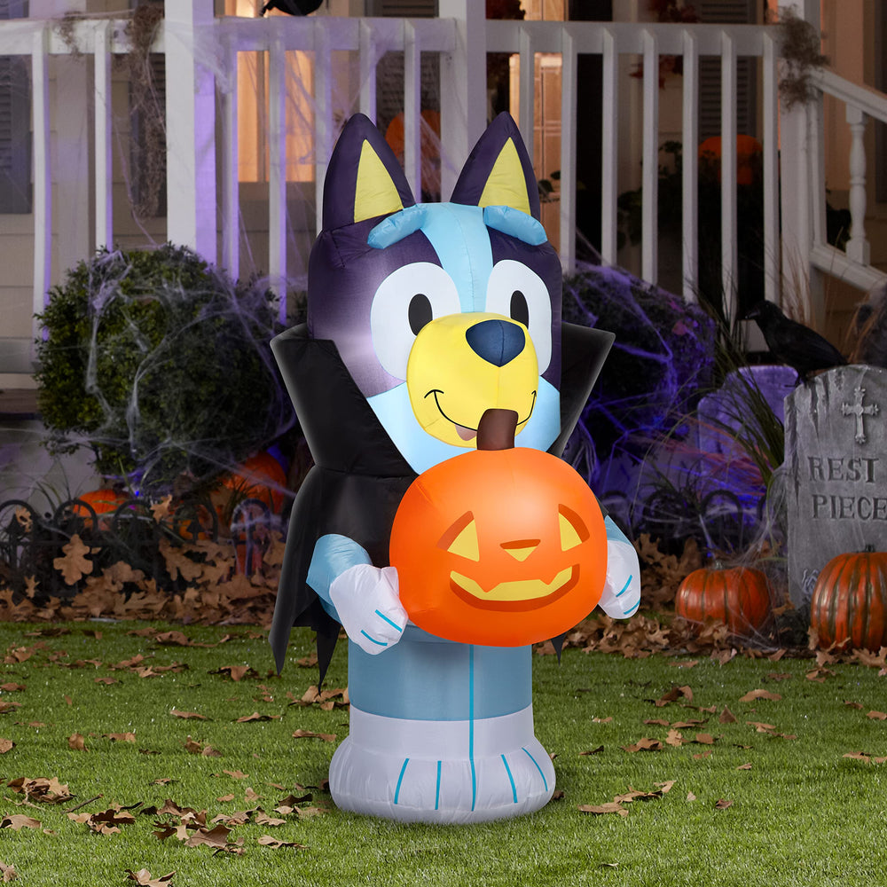 Close-up of Gemmy Bluey inflatable vampire smiling with jack-o'-lantern