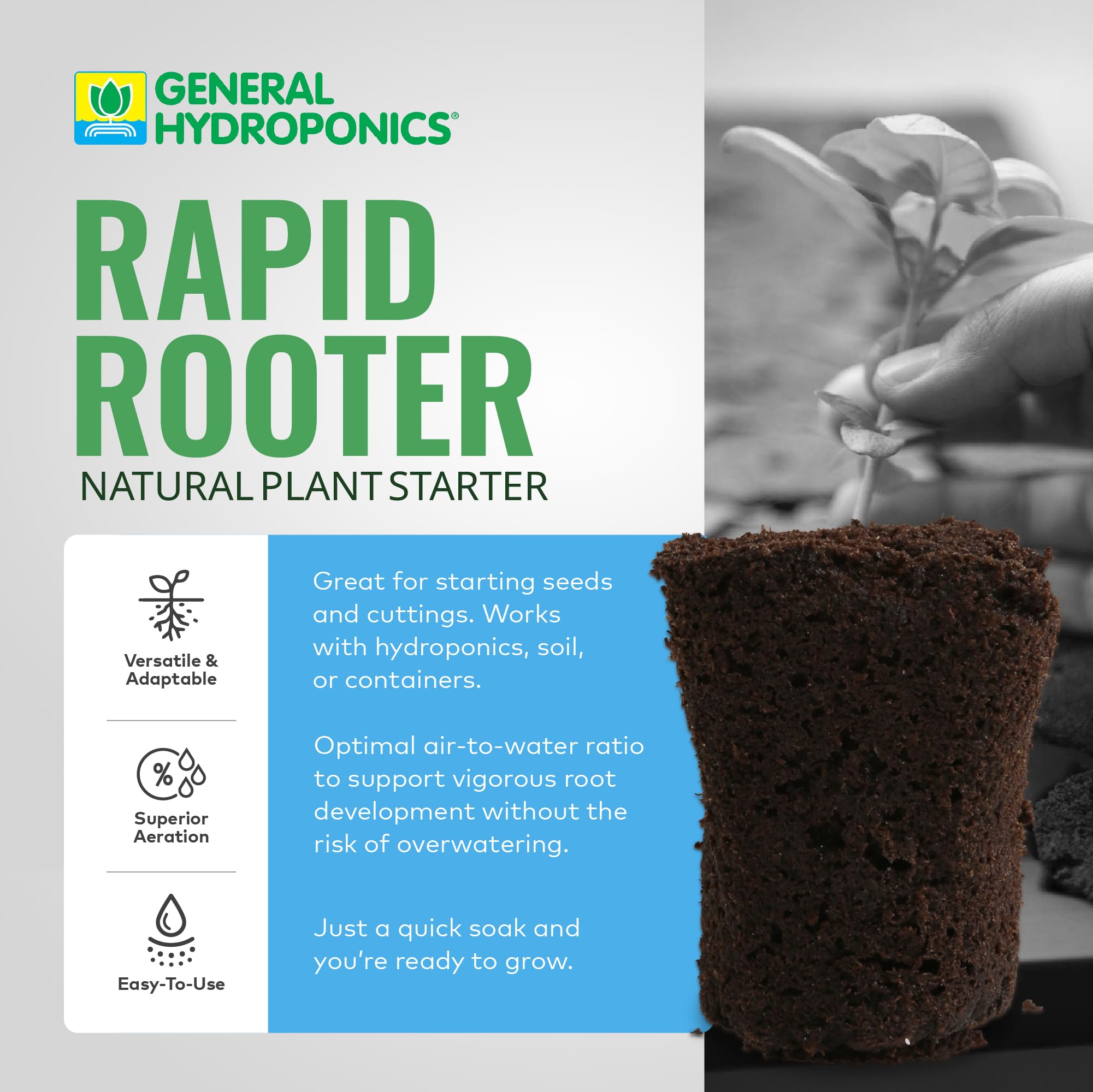 Close-up of General Hydroponics Rapid Rooter plug showing texture