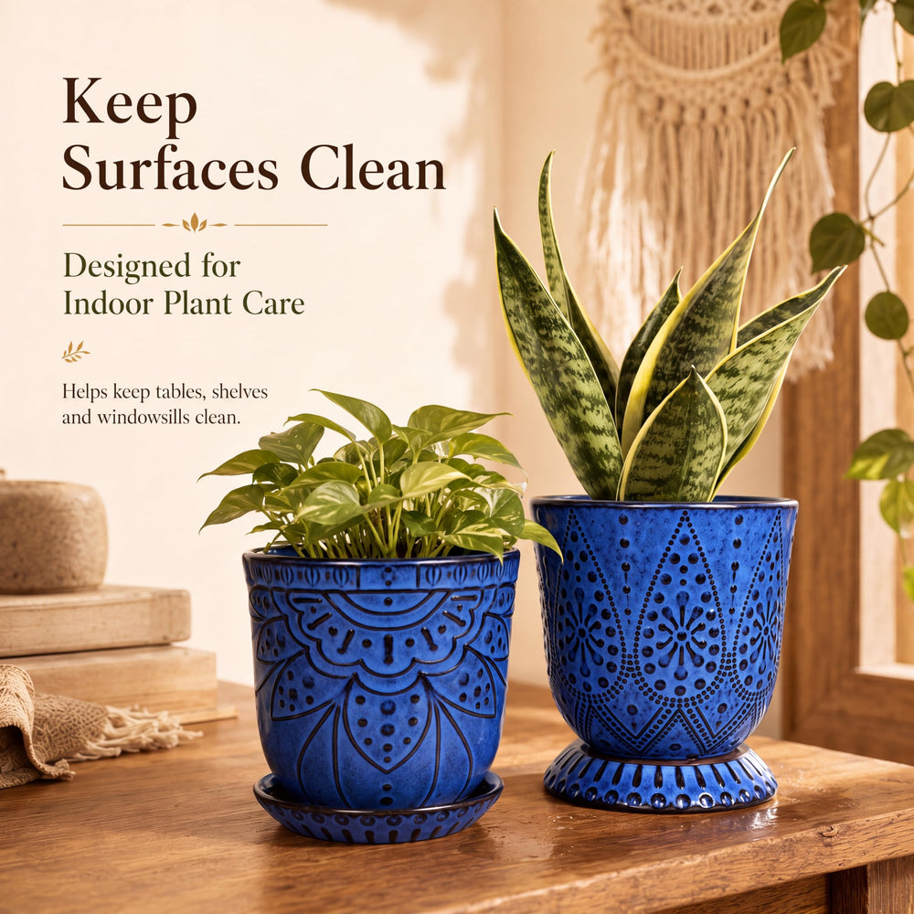 Close-up of Gepege ceramic pot with removable saucer