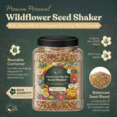 Close-up of GevaGrow wildflower seeds shaker with assorted seeds