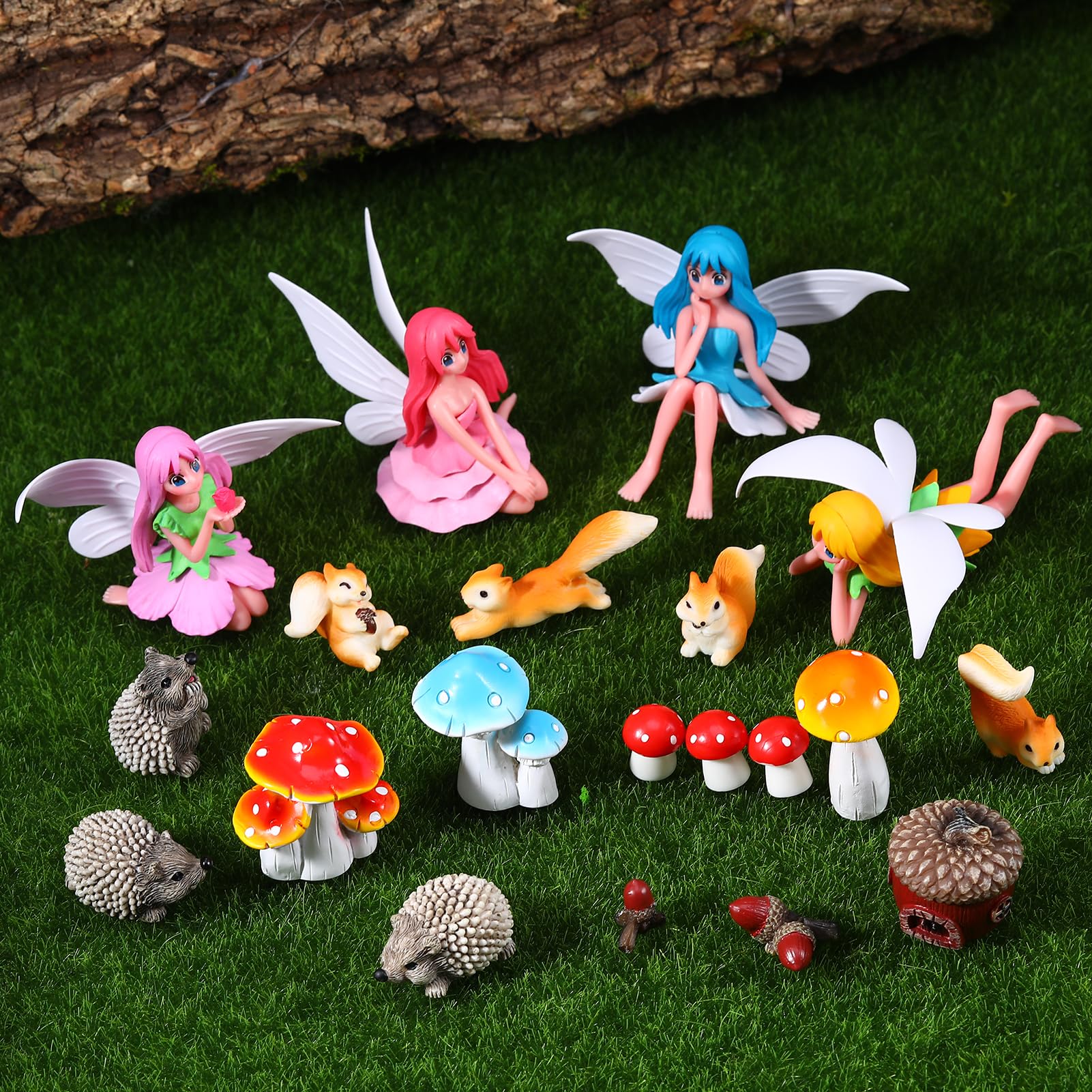 Close-up of GGSTDDUP fairy garden mushrooms and pine cones