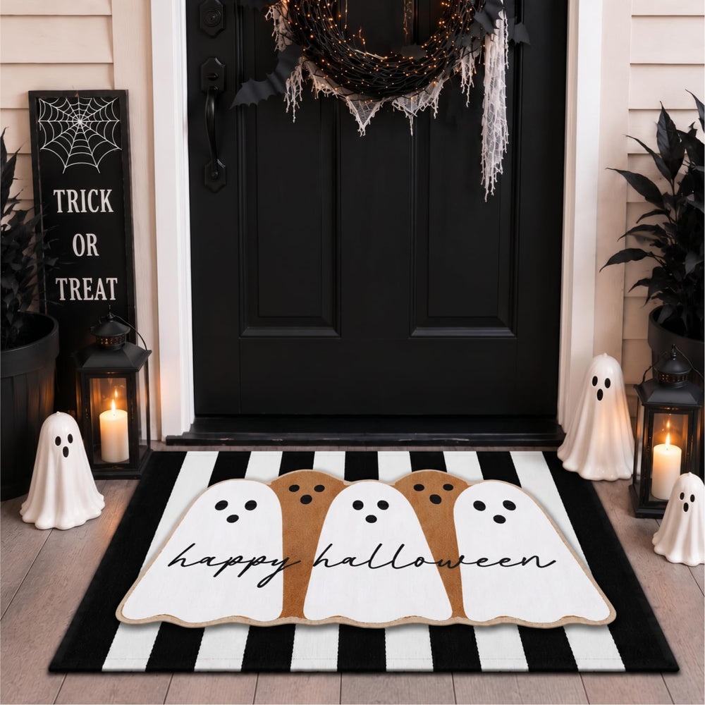 Close-up of ghost illustration on Halloween mat