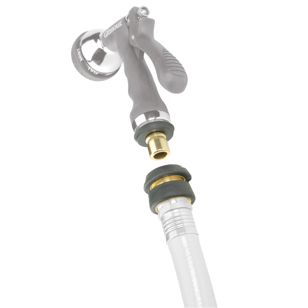 Close-up of GILMOUR brass hose connector with rubber grip