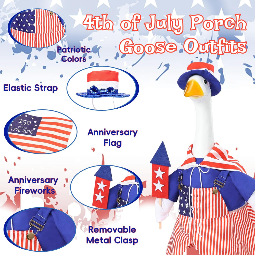Close-up of GJL patriotic goose outfit top with fireworks and small flag