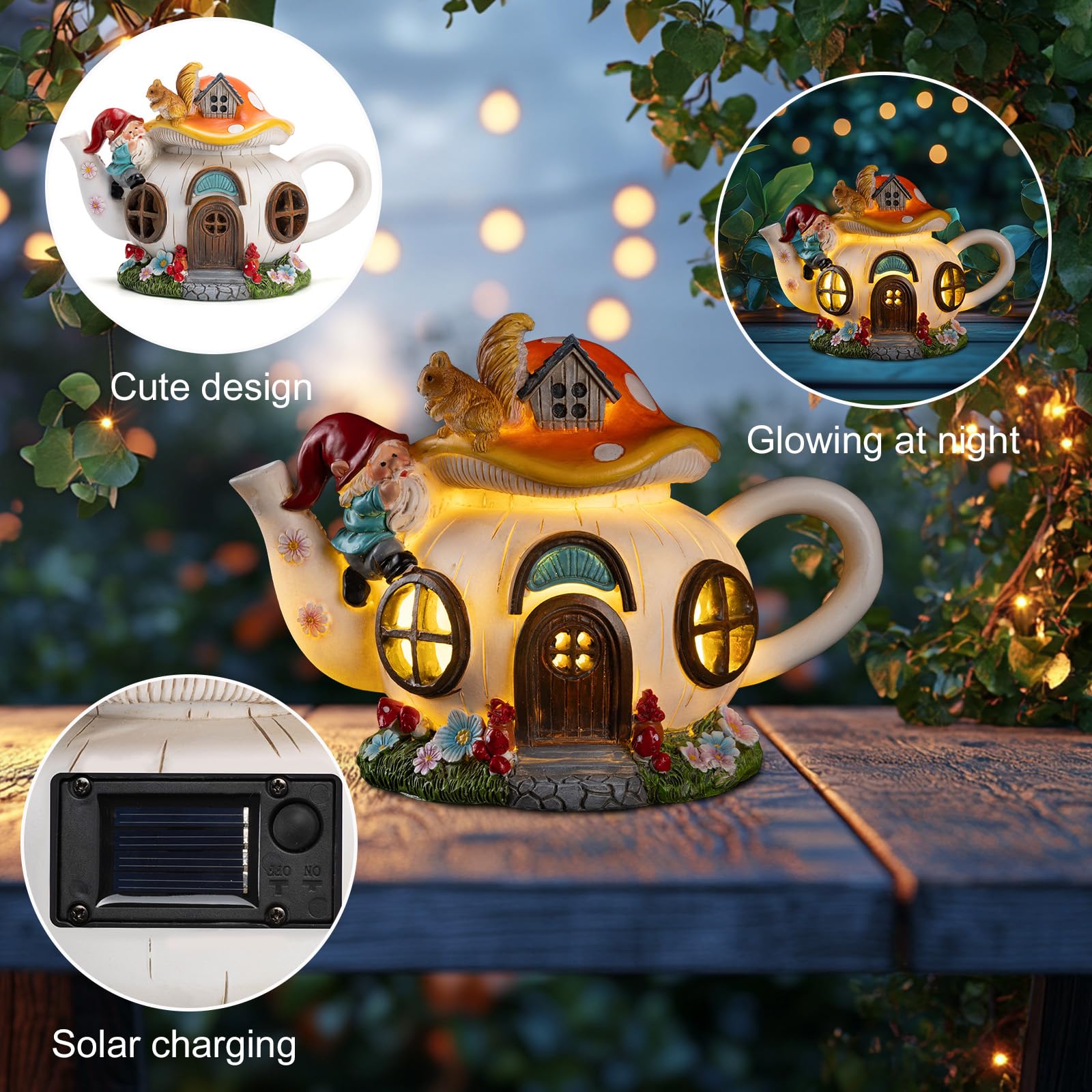 Close-up of gnome figure in twinbling Solar Fairy House Statue