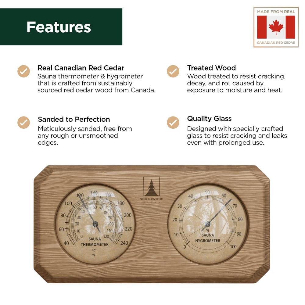 Close-up of golden dials on Northwood Sauna Thermometer and Hygrometer