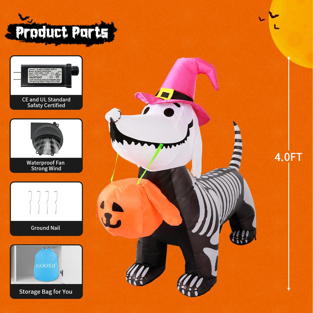Close-up of GOOSH 5 FT Halloween Skeleton Puppy inflatable LED lights