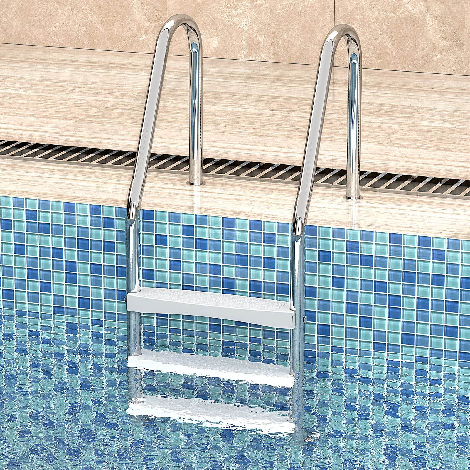 Close-up of Goovilla pool ladder steps with stainless steel bolts