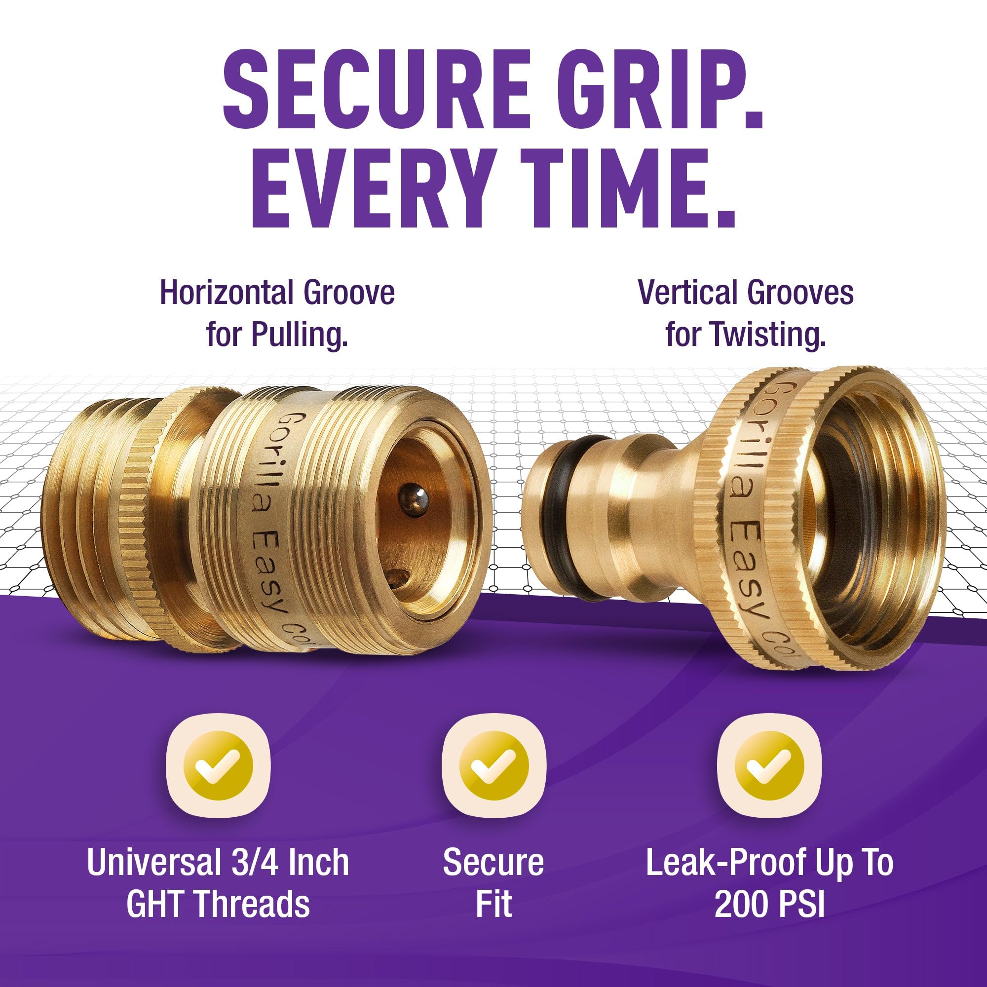 Close-up of GORILLA EASY CONNECT brass fitting with GHT connection