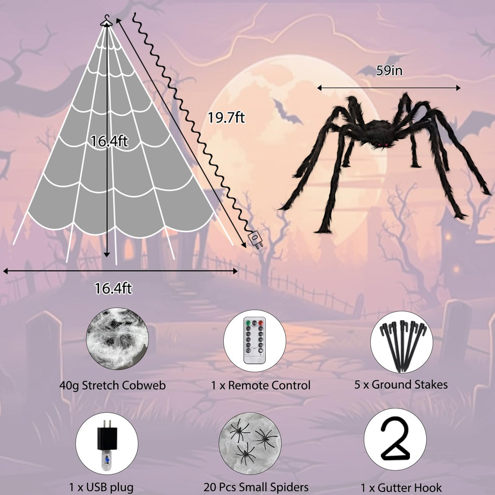 Close-up of GORKAY's realistic 59-inch spider with red eyes