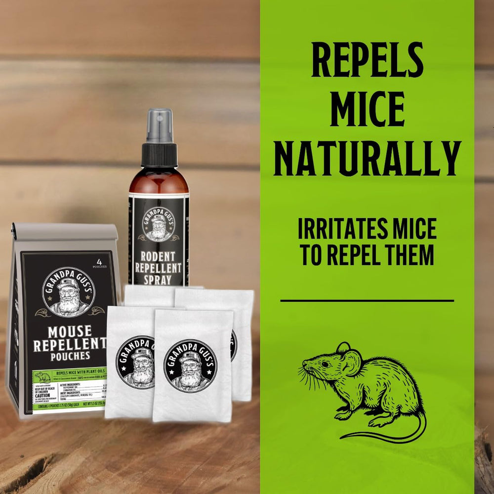 Close-up of Grandpa Gus's mouse repellent pouch with peppermint and cinnamon scent