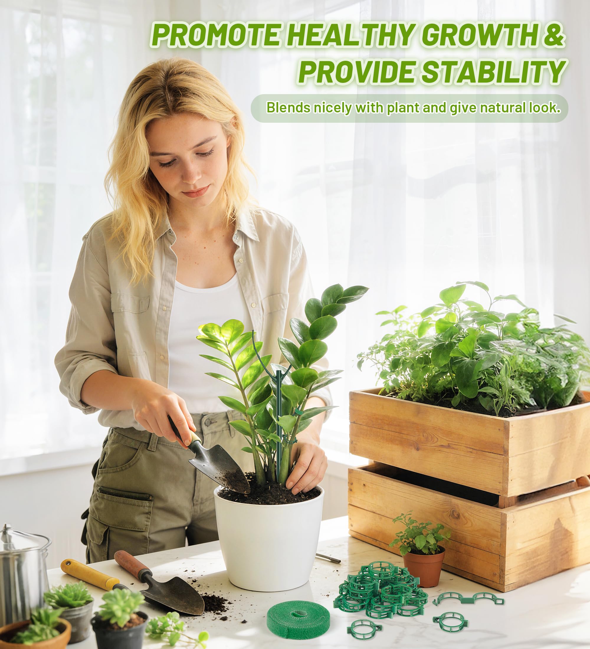 Close-up of green plant support stake installation