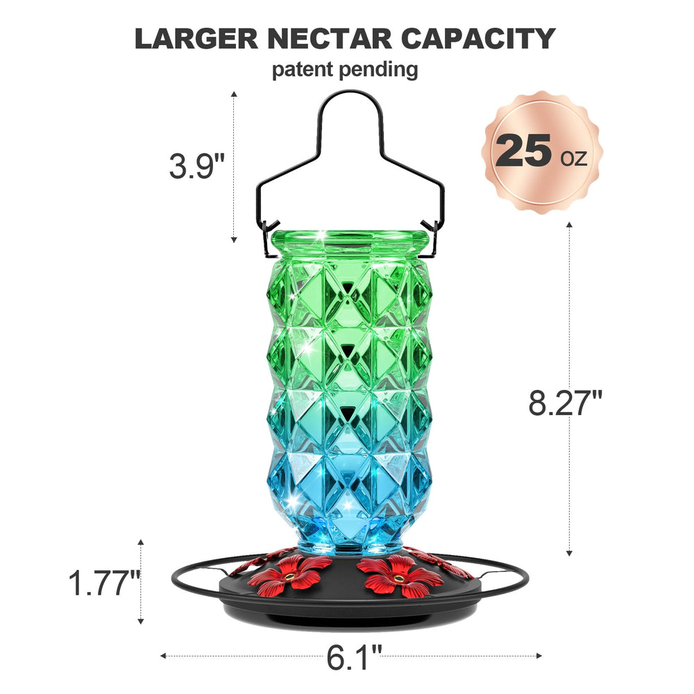 Close-up of Grete Gotye glass hummingbird feeder showing leakproof design