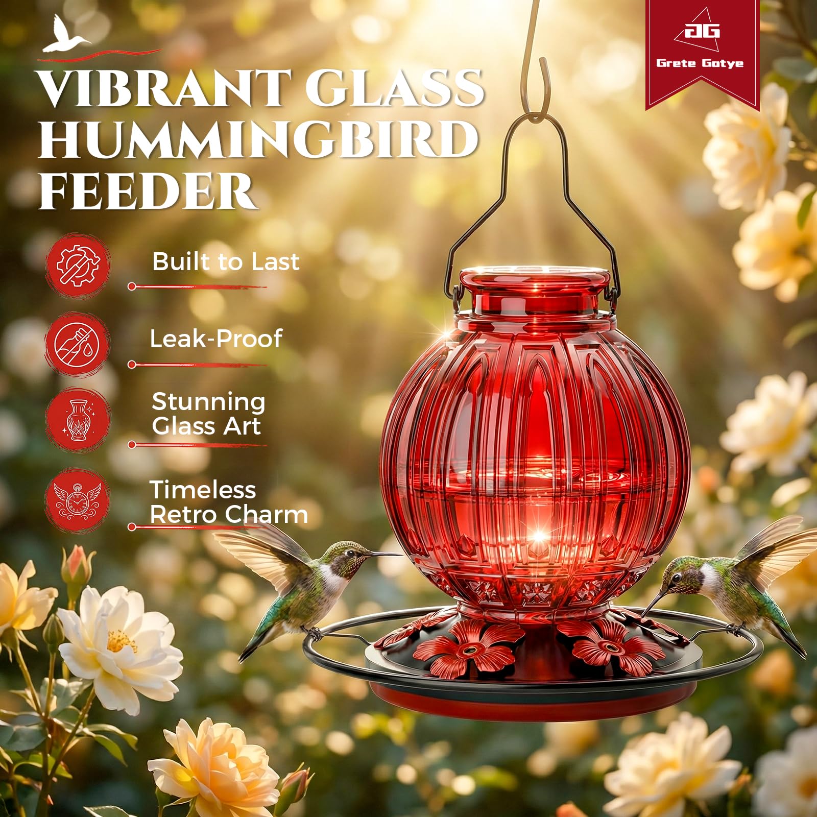Close-up of Grete Gotye Glass Hummingbird Feeders showcasing the vibrant colours