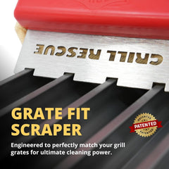 Close-up of Grill Rescue Deep Grate Cleaner Head showing stainless steel scraper